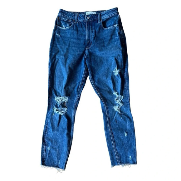 Abercrombie & Fitch Size 28 6L High Rise Long Mom Jeans Blue Distressed Denim - Picture 1 of 10